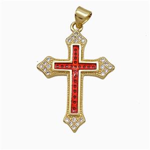 Copper Cross Pendant Pave Zirconia Red Painted 18K Gold Plated, approx 21-28mm