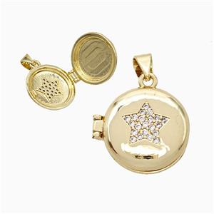 Copper Star Locket Pendant Pave Zirconia 18K Gold Plated, approx 16mm