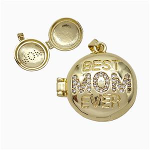 Copper MOM Locket Pendant Pave Zirconia Coin 18K Gold Plated, approx 20mm