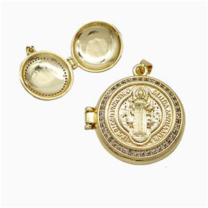 Copper Saint Jude Locket Pendant Pave Zirconia 18K Gold Plated, approx 22mm