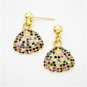 Scallop Shell Copper Stud Earrings Pave Zirconia Gold Plated, approx 13-15mm, 5mm