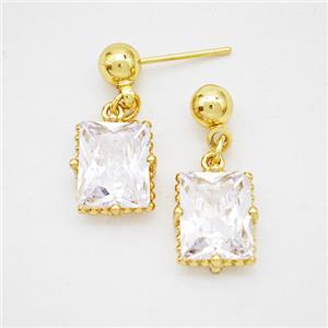 Copper Rectangle Stud Earrings Pave Crystal Glass Gold Plated, approx 9-11mm, 5mm
