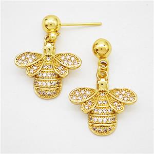 Copper HoneyBee Stud Earrings Pave Zirconia Gold Plated, approx 15-17mm, 5mm