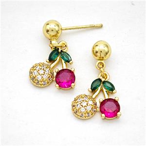 Copper Cherry Stud Earrings Pave Zirconia Gold Plated, approx 11-12mm, 5mm