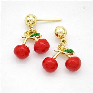 Copper Cherry Stud Earrings Red Enamel Gold Plated, approx 10-15mm, 5mm