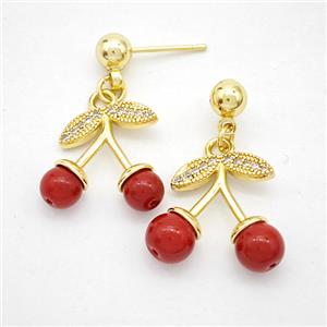 Copper Cherry Stud Earrings Pave Zirconia Pearlized Resin Gold Plated, approx 15mm, 5mm