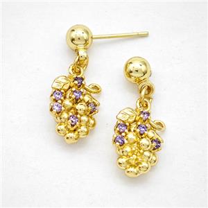 Copper Grape Stud Earrings Pave Zirconia Gold Plated, approx 10-12mm, 5mm
