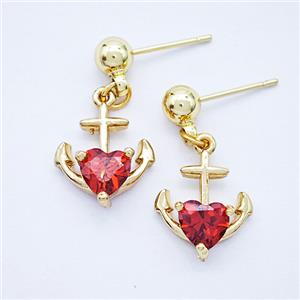 Copper Anchor Stud Earrings Pave Zirconia Gold Plated, approx 12-13mm, 5mm