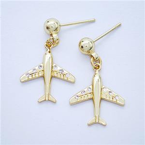 Copper Airplane Stud Earrings Pave Zirconia Gold Plated, approx 16mm, 5mm