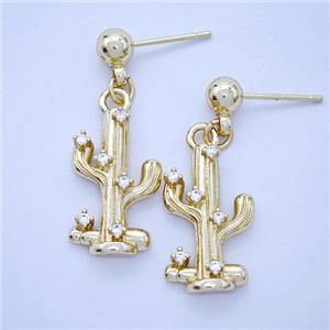 Copper Cactus Stud Earrings Pave Zirconia Gold Plated, approx 11.5-20mm, 5mm