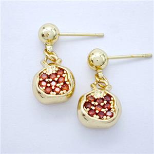 Copper Pomegranate Stud Earrings Pave Zirconia Gold Plated, approx 10mm, 5mm