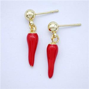 Copper Chili Stud Earrings Red Enamel Gold Plated, approx 5-15mm, 5mm