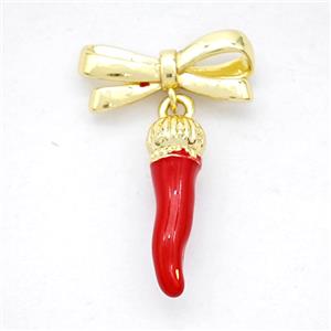 Copper Bowknot And Chili Earrings Red Enamel Gold Plated, approx 6-15mm, 7-17mm