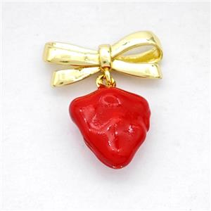 Copper Bowknot And Strawberry Earrings Red Enamel Gold Plated, approx 11-12mm, 7-17mm