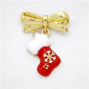 Copper Bowknot And Christmas Stocking Earrings Red Enamel Gold Plated, approx 11-15mm, 7-17mm