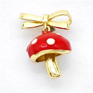 Copper Bowknot And Mushroom Earrings Red Enamel Gold Plated, approx 14-15mm, 7-17mm