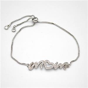 Copper MOM Bracelets Pave Zirconia Adjustable Platinum Plated, approx 10-38mm, 24cm length