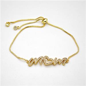 Copper MOM Bracelets Pave Zirconia Adjustable Gold Plated, approx 10-38mm, 24cm length