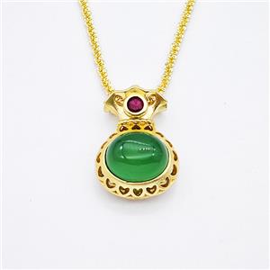 Copper Necklace With FortuneBag Pave Green Jade Gold Plated, approx 16-25mm, 2mm, 42-47cm length