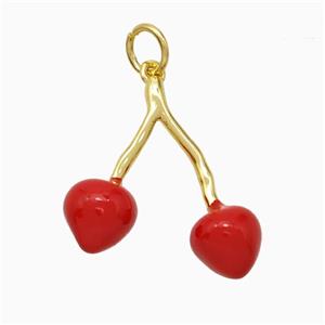 Copper Cherry Pendant Red Enamel Gold Plated, approx 18mm