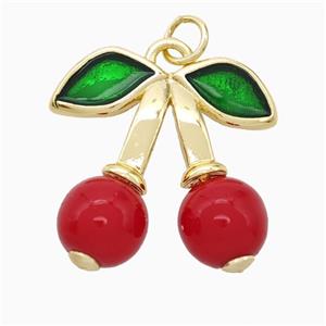 Copper Cherry Pendant Pave Red Pearlized Resin Gold Plated, approx 21mm