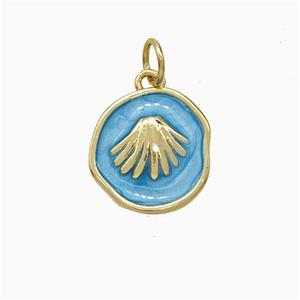 Copper Scallop Shell Pendant Blue Painted Circle Gold Plated, approx 12-13mm