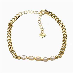 Copper Bracelet With Pearl Heart Love Gold Plated, approx 4mm, 16-21cm length