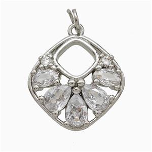 Copper Square Pendant Pave Zirconia Platinum Plated, approx 18mm