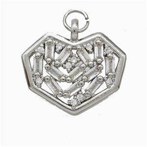 Copper Heart Pendant Pave Zirconia Platinum Plated, approx 16-20mm