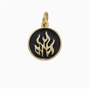 Fire Flame Charms Copper Pendant Black Enamel Circle Gold Plated, approx 12mm