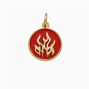 Fire Flame Charms Copper Pendant Red Enamel Circle Gold Plated, approx 12mm