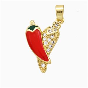 Copper Chili Pendant Pave Zirconia Red Enamel Gold Plated, approx 11-18mm