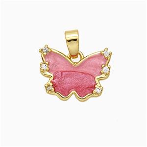 Copper Butterfly Pendant Pave Zirconia Pink Painted Gold Plated, approx 10-14mm