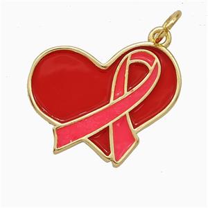Copper Heart Pendant Red Enamel Awareness Ribbons Gold Plated, approx 16-20mm