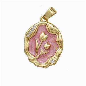 Copper Flower Pendant Pave Zirconia Pink Painted Gold Plated, approx 14-17mm