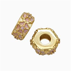 Copper Hexagon Beads Large Hole Enamel Pink Flower Gold Plated, approx 11-12mm, 4mm hole