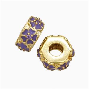 Copper Hexagon Beads Large Hole Enamel Purple Flower Gold Plated, approx 11-12mm, 4mm hole