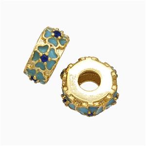 Copper Hexagon Beads Large Hole Enamel Flower Gold Plated, approx 11-12mm, 4mm hole