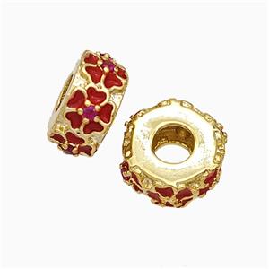 Copper Hexagon Beads Large Hole Red Enamel Flower Gold Plated, approx 11-12mm, 4mm hole