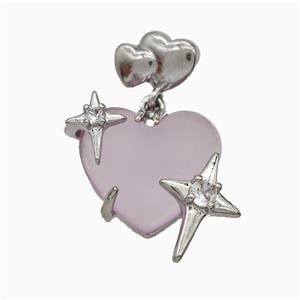 Pink Resin Heart Pendant Copper Star Pave Zirconia Platinum Plated, approx 20mm, 10-12mm