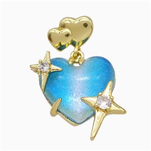 Aqua Resin Heart Pendant Copper Star Pave Zirconia Gold Plated, approx 20mm, 10-12mm