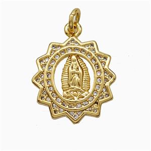 Virgin Mary Charms Copper Pendant Pave Zirconia 18K Gold Plated, approx 17-18mm