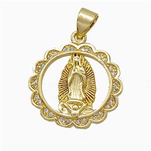 Virgin Mary Charms Copper Pendant Pave Zirconia 18K Gold Plated, approx 17-18.5mm