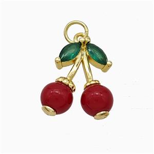 Copper Cherry Pendant Pave Red Resin Gold Plated, approx 14-16mm