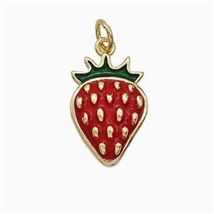 Copper Strawberry Pendant Red Enamel Gold Plated, approx 11-16mm