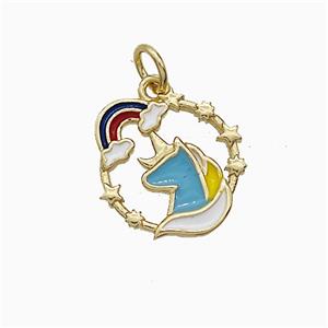 Unicorn And Rainbow Charms Copper Pendant Multicolor Enamel Gold Plated, approx 14mm