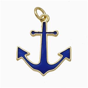 Copper Anchor Pendant Royalblue Enamel Gold Plated, approx 17-18mm