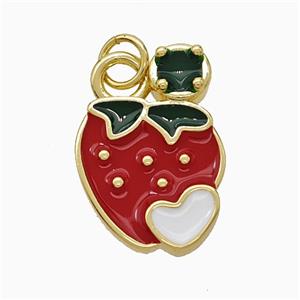 Copper Strawberry Pendant Red Enamel Gold Plated, approx 13-19mm