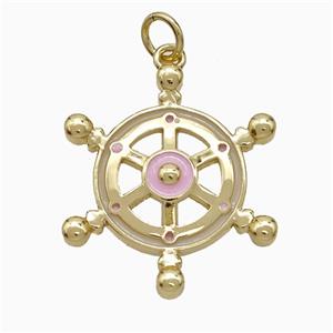 Ship Wheel Charms Copper Pendant Pink Enamel Gold Plated, approx 20-22mm