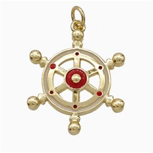 Ship Wheel Charms Copper Pendant Red Enamel Gold Plated, approx 20-22mm